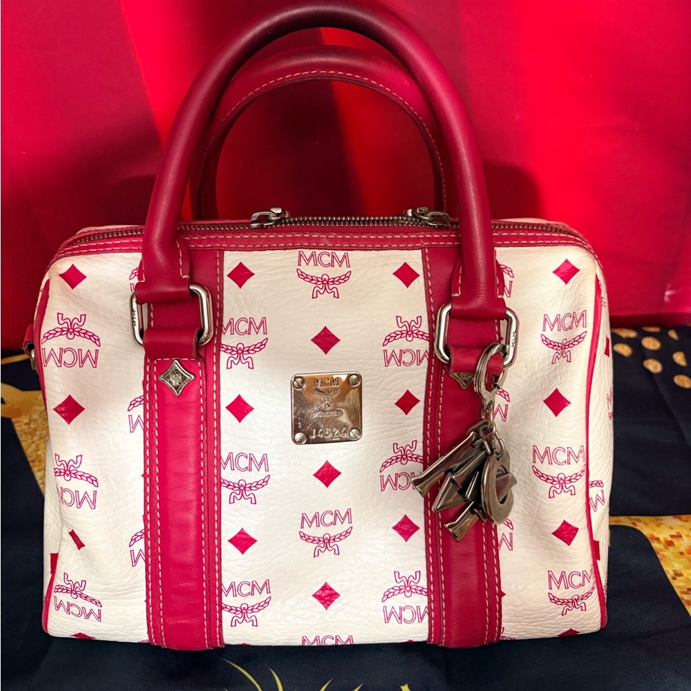 MCM Pink and White Logo Shoulder Bag